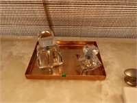 Copper color Tray with pair of Glass Perfume bottl