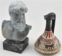 Stone Grecian Zeus Bust & Corinthian Replica Vase