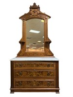 Ornate Walnut Dresser Vanity with Marble Top