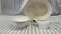 White Stone Ware Dishes. Platter, 2 Bowls, and