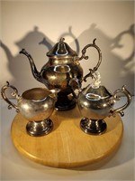 Silver Plated Tea Pot, Creamer, & Sugar Bowl