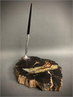 Unique Hand Painted Petrified Wood Pen Stand