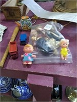 Toy lot.  Soldier dolls, teapot, bat, girl dolls,