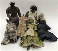 Old Folk Art Walnut Head Dolls & Doll Case