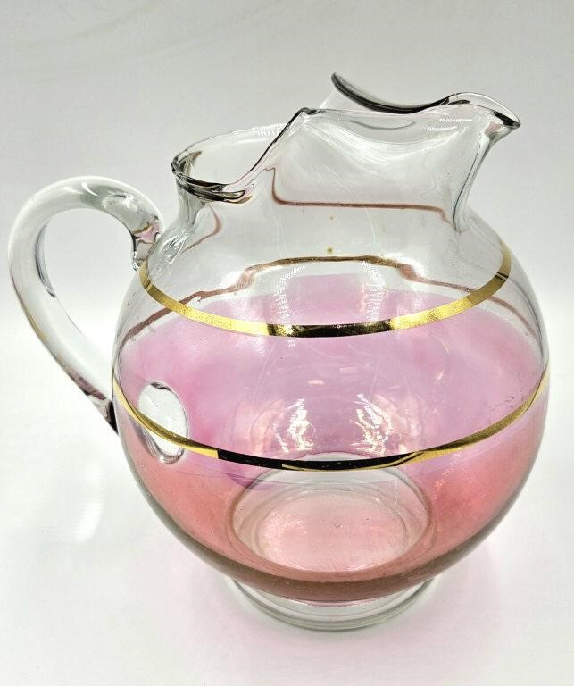 Cranberry Stain Glass Pitcher Gold Trim 8"