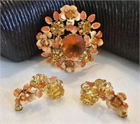 Austria Rhinestone Brooch & Clip Earrings Set