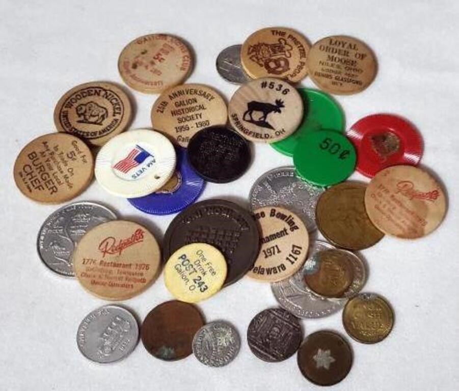 Lot Vintage Wooden Nickels & Tokens
