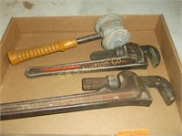 Lead hammer & 2 pipe wrench's