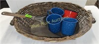 Basket, fry pan, enamel mugs