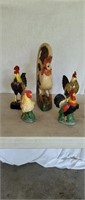 5 Wood Carved and Ceramic Hand Painted Roosters