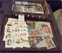 Box and wood tray full w postcards, picture sets