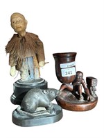 ANTIQUE CARVED RAT FIGURE, SMOKERS STAND AND