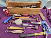 Wood tool box and tools.  Hammers,  screwdrivers.