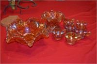 Vintage Amber Carnival Punch Bowl with Stand and s