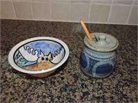 Signed Glazed Studio Pottery Honey Pot & Bowl