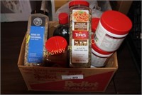 BOX OF SPICES/  NEW ALUMINUM BAKING PAN/ CAN GOODS