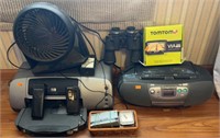 Group of electronics, printer, fan and