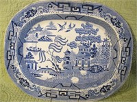 LARGE STAFFORDSHIR IRON STONE BLUE WILLOW PLATTER