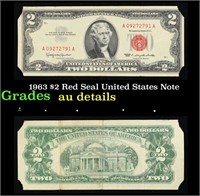 1963 $2 Red Seal United States Note Grades AU Deta