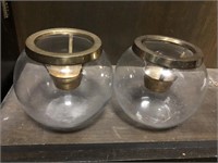 Lot of 2 glass bowl with solid brass candle