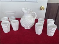 Fenton Ball hobnail pitcher and 8 glasses