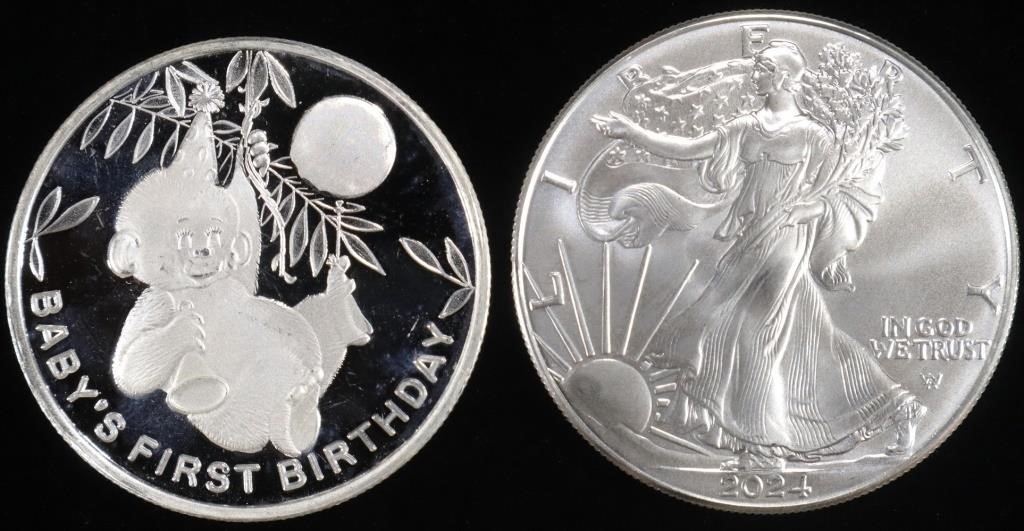 1 OZ .999 SILVER 2024 FIRST BDAY ROUND & 2024 ASE