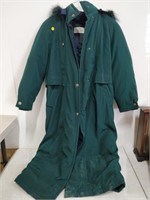 long green down coat size 12- hooded with fur trim