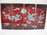 Asian Lacquered Wood & Shell 4 Panel Wall Art