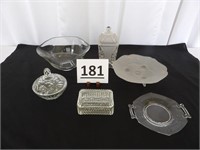 Clear Glass Bowl, Plates, Covered Containers