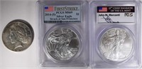 DOLLARS: 1927 PEACE AU, 2014(S) SILVER EAGLE