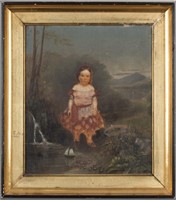 19th C. Folk Art - Oil on Board - Girl by Pond