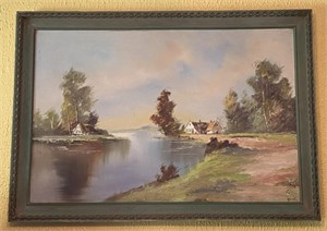 Oil Painting of River Scene by Sterk, 41" x 30"