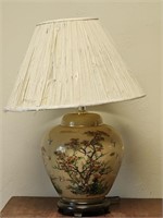 Brown Ceramic Lamp w/ Cherry Tree & Birds