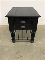 Black Wood End Table with Storage And Metal Shelf