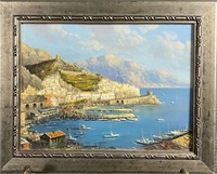 F. Russo Harbor Scene Oil On Canvas
