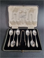 CASED ENGLISH STERLING SILVER TEASPOONS & TONGS