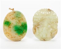 TWO CARVED CHINESE JADE FIGURAL PENDANTS