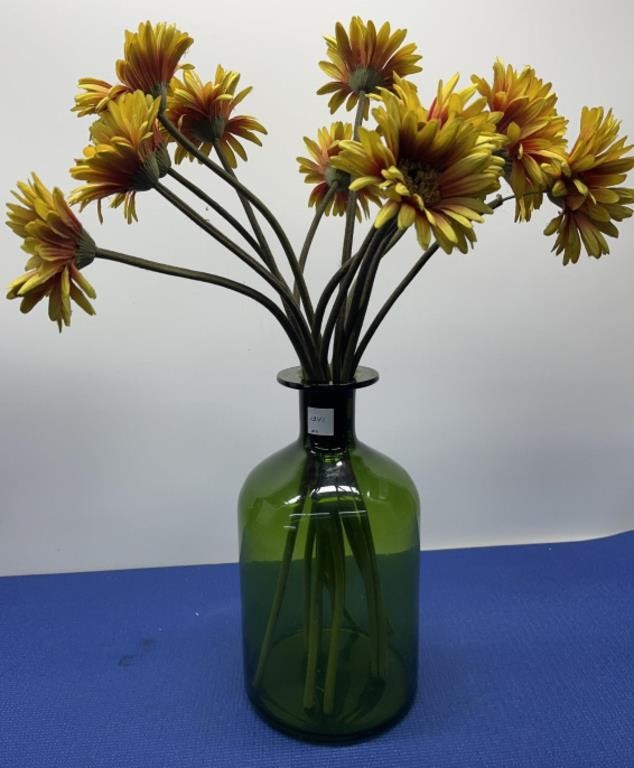 Green Glass Vase with Faux Flowers