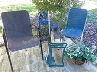 2 patio chairs, plant stands, gardeners bench,
