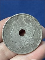 1921D Morgan silver dollar coin holed