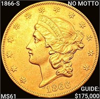 1866-S NO MOTTO $20 Gold Double Eagle UNCIRCULATED