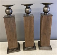 3 STICK WOOD/METAL CANDLE HOLDERS