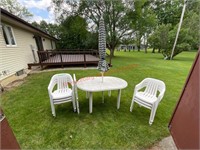 Patio Table, 6 Chairs, Umbrella w/ Stand