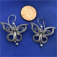 BJ 925 Sterling Silver Butterfly Dangle Earrings