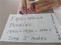5 Rolls Of Wheat Pennies 1920's 1930's 1940's