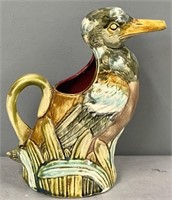 Antique Majolica Pottery Duck Pitcher