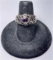 Sterling Amethyst/Marcasite Ring 4 Gr Size 6.5