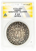 Coin 1771-L ECU France Scrtch+Cleaned ANACS-F12