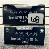 (100) Rounds of Speer Lawman Ammo 9mm Luger 115