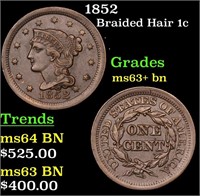 1852 Braided Hair Large Cent 1c Grades Select+ Unc